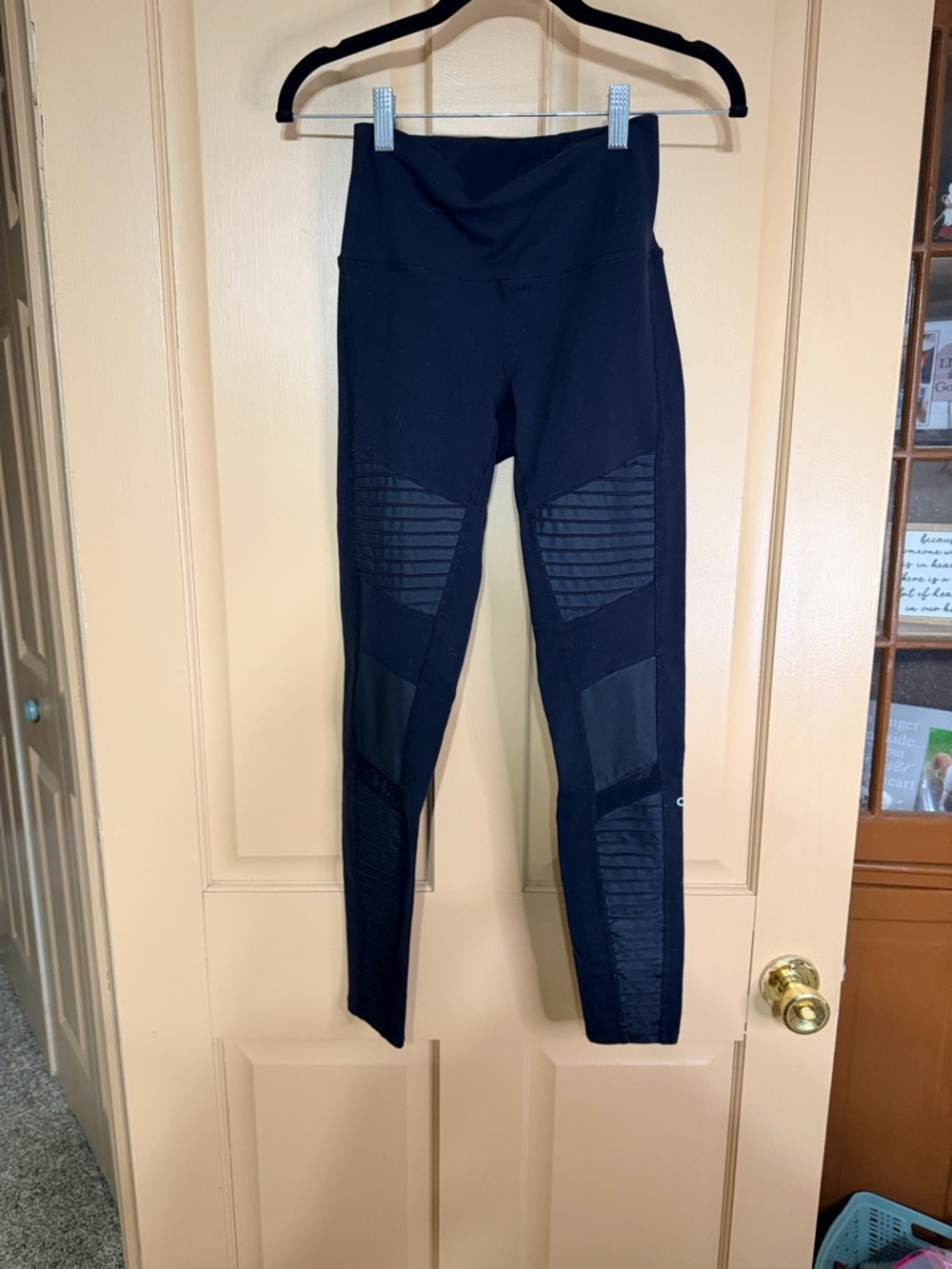 Alo Yoga Moto Leggings Black High Waisted Ribbed Panel Activewear W5494R Size S